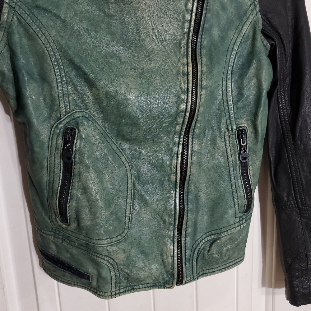 Doma Green Black Distressed Leather Moto Jacket S - Picture 4 of 12